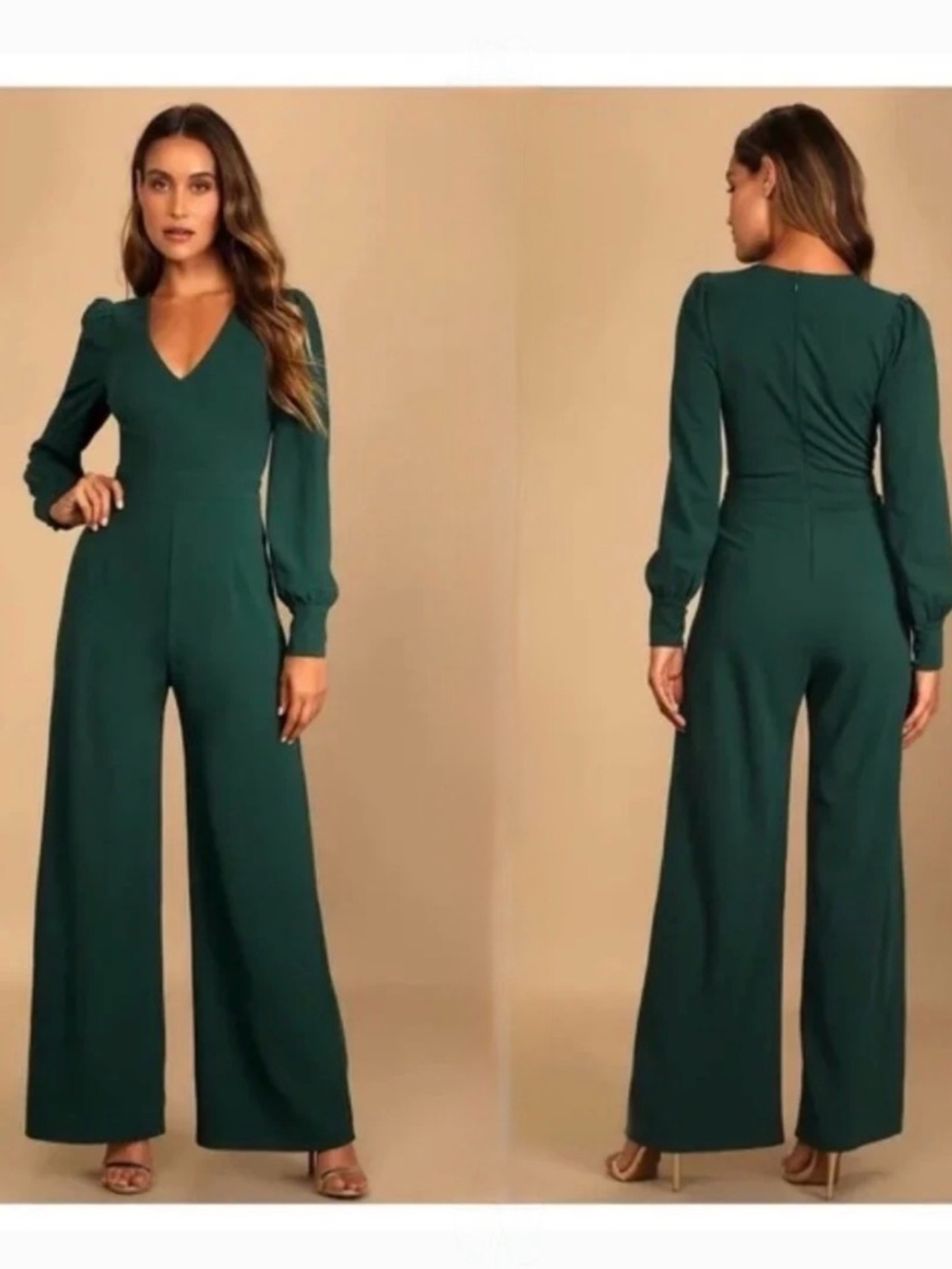 NWOT Lulus Celebrating Romance Emerald Green Long Sleeve Wide-Leg Jumpsuit XS